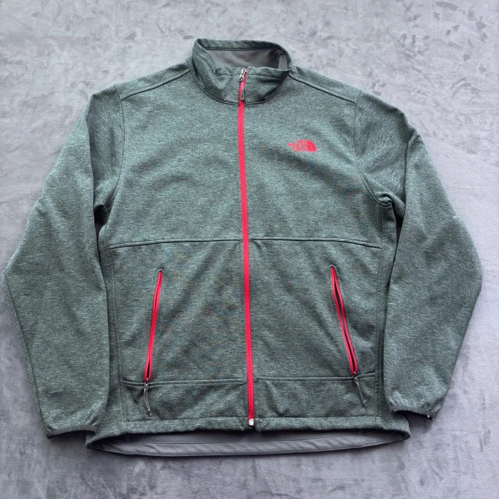 The North Face Mens Full Zip Fleece Jacket Green Red Logo Mock Neck Large